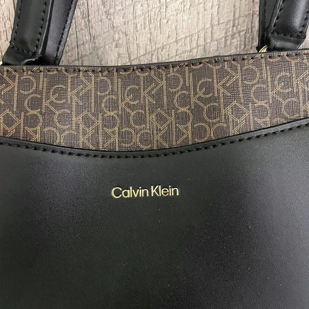 Calvin‎ Klein Monogram Logo Satchel Crossbody Bag Brown Black Gold Tone Hardware